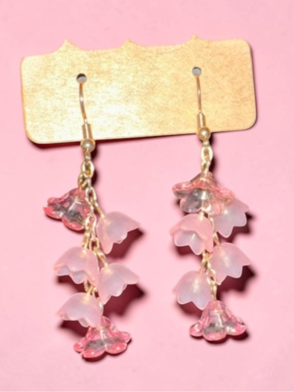 Handcrafted Pink Floral Drop Earrings with Gold-Tone Accents